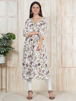 JINVARAM Women Floral Print A-line Kurta(White)