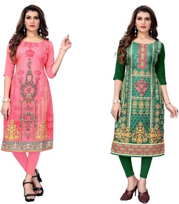 Sanskruti Fashion Women Printed A-line Kurta(Pink, Green)