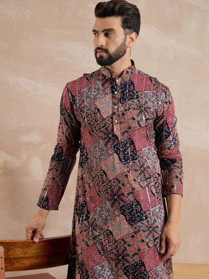 ANOUK Men Floral Print Straight Kurta(Red)