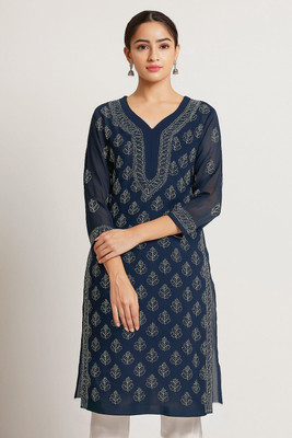 Neelam Chikan Women Chikan Embroidery Straight Kurta(Dark Blue)