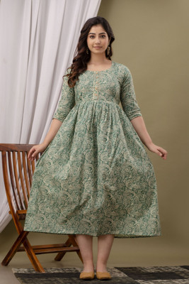 Viyu Creations Women Floral Print Anarkali Kurta(Green)