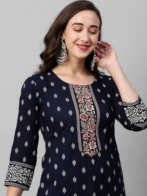 JAFFRY EMBROIDERY Women Printed Straight Kurta(Blue)