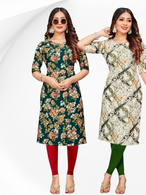 HouseOfCommon Women Printed Straight Kurta(Green, White)