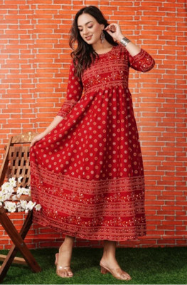 Raghulila Women Floral Print Anarkali Kurta(Red)