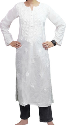 RKNMH Women Embroidered Straight Kurta(White)