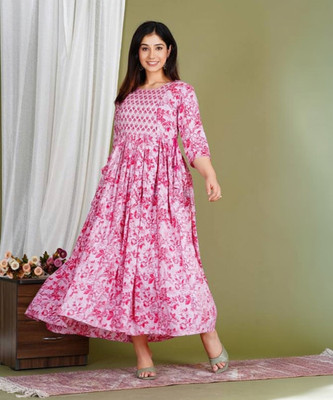 Stylishthreads Women Printed Flared Kurta(Pink, White)