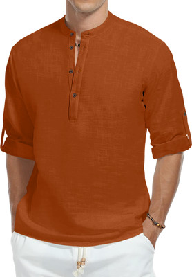 ZOMBOM Men Solid Straight Kurta(Brown)