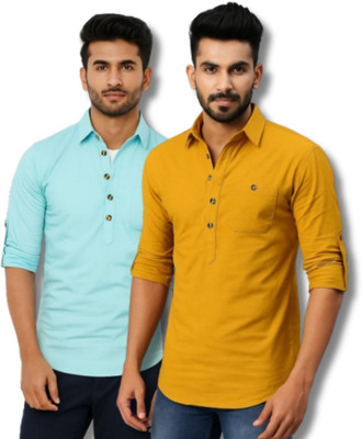 RAREMARK Men Solid Straight Kurta(Light Blue, Yellow)