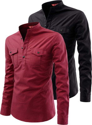 Yugnik Men Solid A-line Kurta(Maroon, Black)