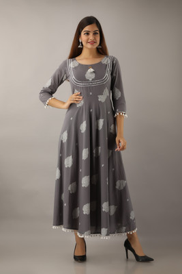 GLAM ROOTS Women Printed A-line Kurta(Grey)
