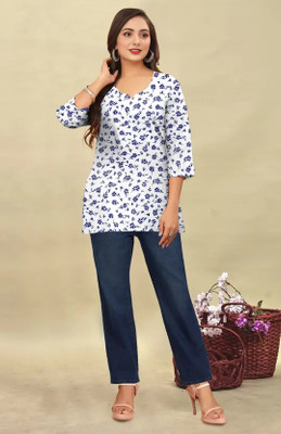 PRADHANJI COLLECTION Women Floral Print Straight Kurta(Blue)