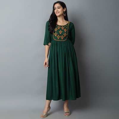 Kriska Women Embroidered A-line Kurta(Green)