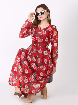 Envi Women Printed Flared Kurta(Red)