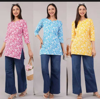 CLOTHESCLASSIC Women Floral Print Tunic Kurta(Pink, Blue, Yellow)