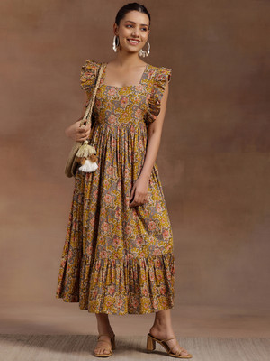 LIBAS Women Printed Flared Kurta(Yellow)