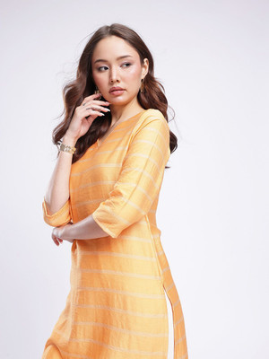 Anouk Rustic Women Striped Straight Kurta(Yellow)