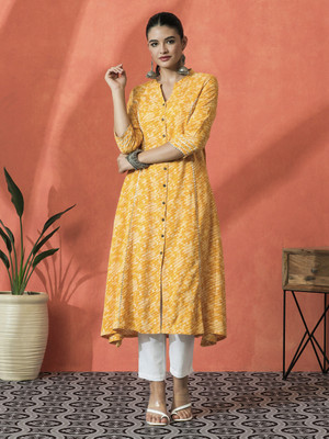 Sangria Women Printed A-line Kurta(Yellow)