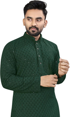 Ladyflock Men Chikan Embroidery Straight Kurta(Green)