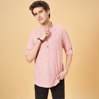 Indus Route by Pantaloons Men Solid Straight Kurta(Pink)