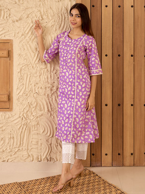 LIBAS Women Floral Print A-line Kurta(Purple)
