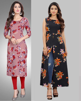 maruti fab Women Striped, Printed Straight Kurta(Pink, Orange)