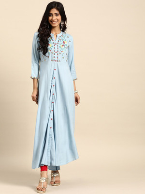 ANOUK Women Printed Anarkali Kurta(Blue)