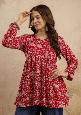 RAJLAXMI TEXTILE Women Floral Print Flared Kurta(Red)