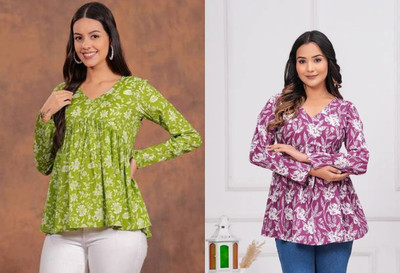 ARZOO Women Floral Print Flared Kurta(Green, Purple)