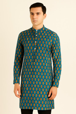 Bruttlyn Men Printed, Geometric Print A-line Kurta(Dark Blue)