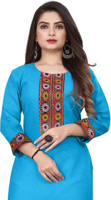 HF HOLYDAY FASHION Women Chikan Embroidery Straight Kurta(Light Blue)