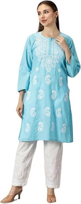 fch Women Chikan Embroidery Straight Kurta(Blue)