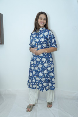 SOPNECTAR Women Printed A-line Kurta(Blue)