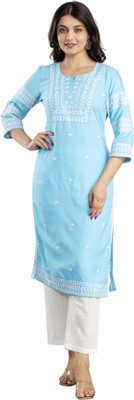 MF HAYAT Women Embroidered Straight Kurta(Blue)