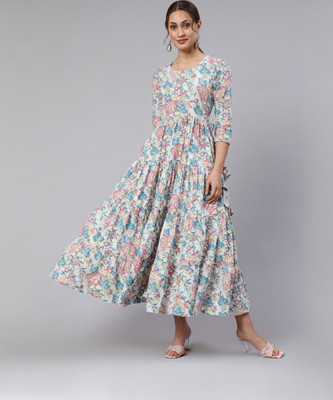 Women Click Women Printed Flared Kurta(Pink)