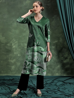 Vishudh Women Printed Straight Kurta(Green)