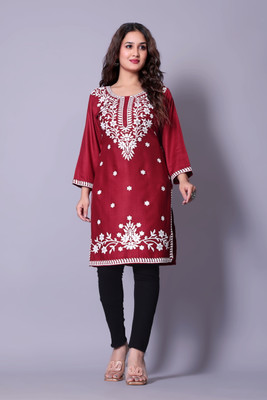 RUDRALIFESTAYLE Women Chikan Embroidery A-line Kurta(Maroon)