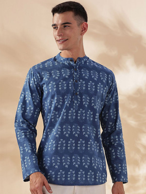 ANOUK Men Floral Print Straight Kurta(Blue)