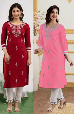 vikshi Women Chikan Embroidery Straight Kurta(Multicolor)