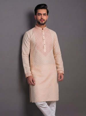 Tibra Collection Men Embroidered Straight Kurta(Beige)