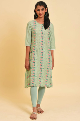 W Women Floral Print A-line Kurta(Green)