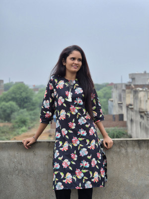 ASD FASHION Women Floral Print, Embellished Straight Kurta(Black)