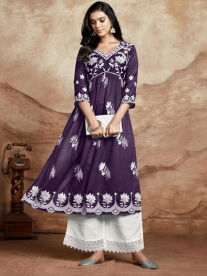 Youthnic Women Chikan Embroidery A-line Kurta(Purple)