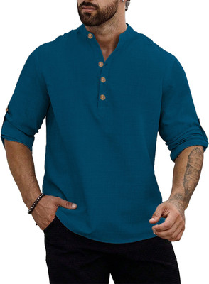 HouseOfCommon Men Self Design Straight Kurta(Blue)
