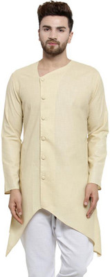 JS COLLECTION Men Solid Asymmetric Kurta(Beige)