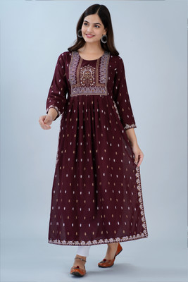 ROZ TEXTILES Women Printed A-line Kurta(Maroon)
