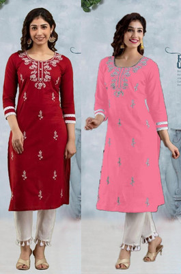 vikshi Women Chikan Embroidery Straight Kurta(Multicolor)