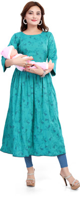 B2Fashion Women Floral Print Flared Kurta(Green)
