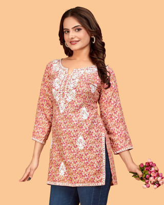 DharmHouse Women Chikan Embroidery Straight Kurta(Orange)