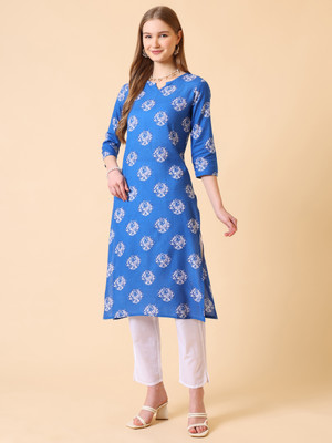 brijmumta Women Printed Straight Kurta(Blue)