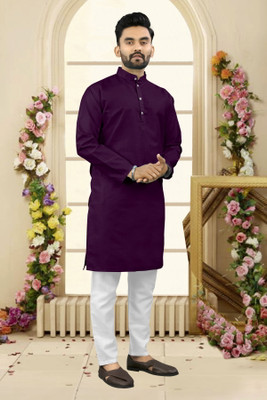 Shree Dutt Creation Men Solid Straight Kurta(Purple)